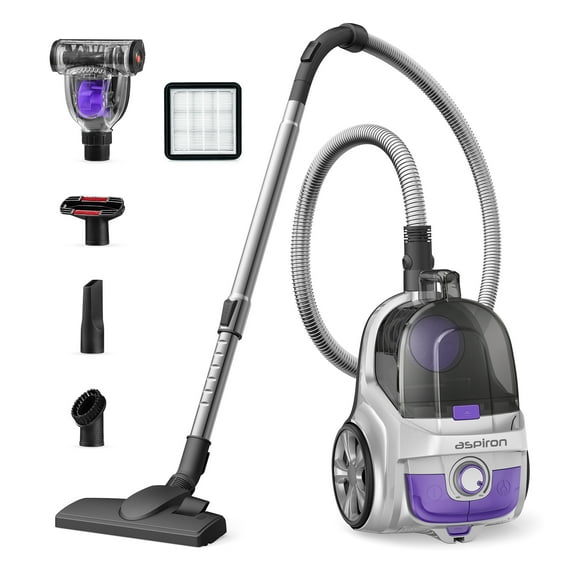 Vacuum Cleaner, 1200W 3.6 QT Bagless Canister Vacuum, Turbo Brush, Double HEPA Filter, Silver Purple