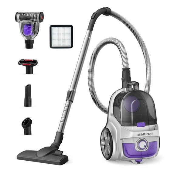 Vacuum Cleaner, 1200W 3.6 QT Bagless Canister Vacuum, Turbo Brush, Double HEPA Filter, Silver Purple