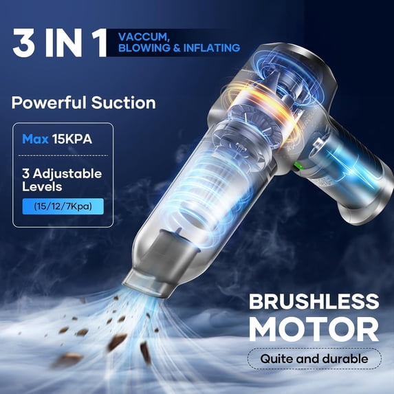Vacuum Cleaner 3-in-1 Cordless Handheld with 15000PA Suction, 7500mAh Battery, Duster & Inflator for Car Home Office
