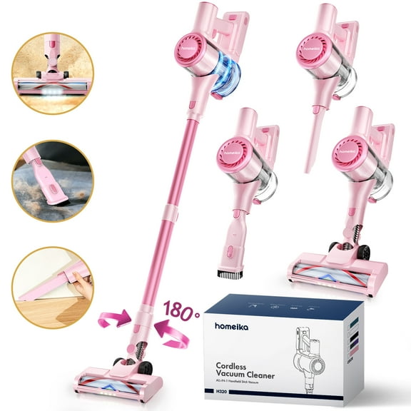 Homeika H320 Cordless Vacuum Cleaner, 28KPA Powerful Suction 8-in-1 Multi-Tool 55min Runtime LED Motorized Brush One-Click Dust Emptying for Pet Hair and Allergies,Pink