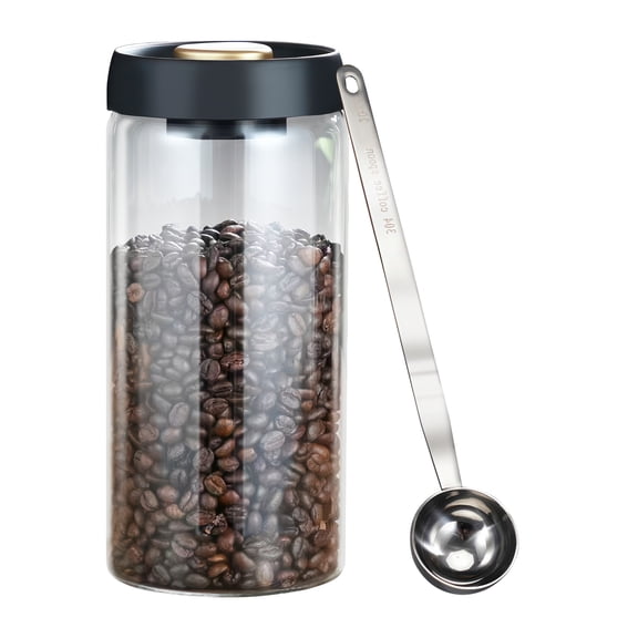 Vacuum Coffee Canister with Airtight Lids and Spoon, 1800 ml/ 60 oz Glass Coffee Bean Storage, Coffee Jar for Ground Coffee Loose Tea Candy Sugar Nuts Spices Camping, Black
