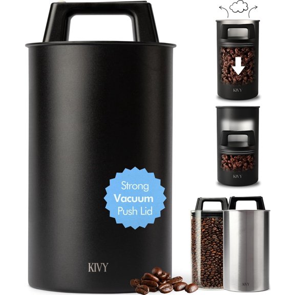 Vacuum Coffee Canister - Push Lid Preserves Coffee Aroma & Oil - Stainless Steel Airtight Coffee Canister - Container for Ground & Coffee Bean Storage - Coffee Storage Jar - Removes Excess Air