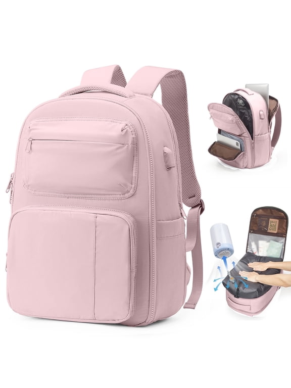 Vacuum Travel Backpack with Pump, Vacuum Seal Compression Backpack for Travel on Airplane, Vacpack Backpack with Vacuum Packing for Women Men Airpack Daypack Fit 17 Inch Laptop Travel Bookbag Pink