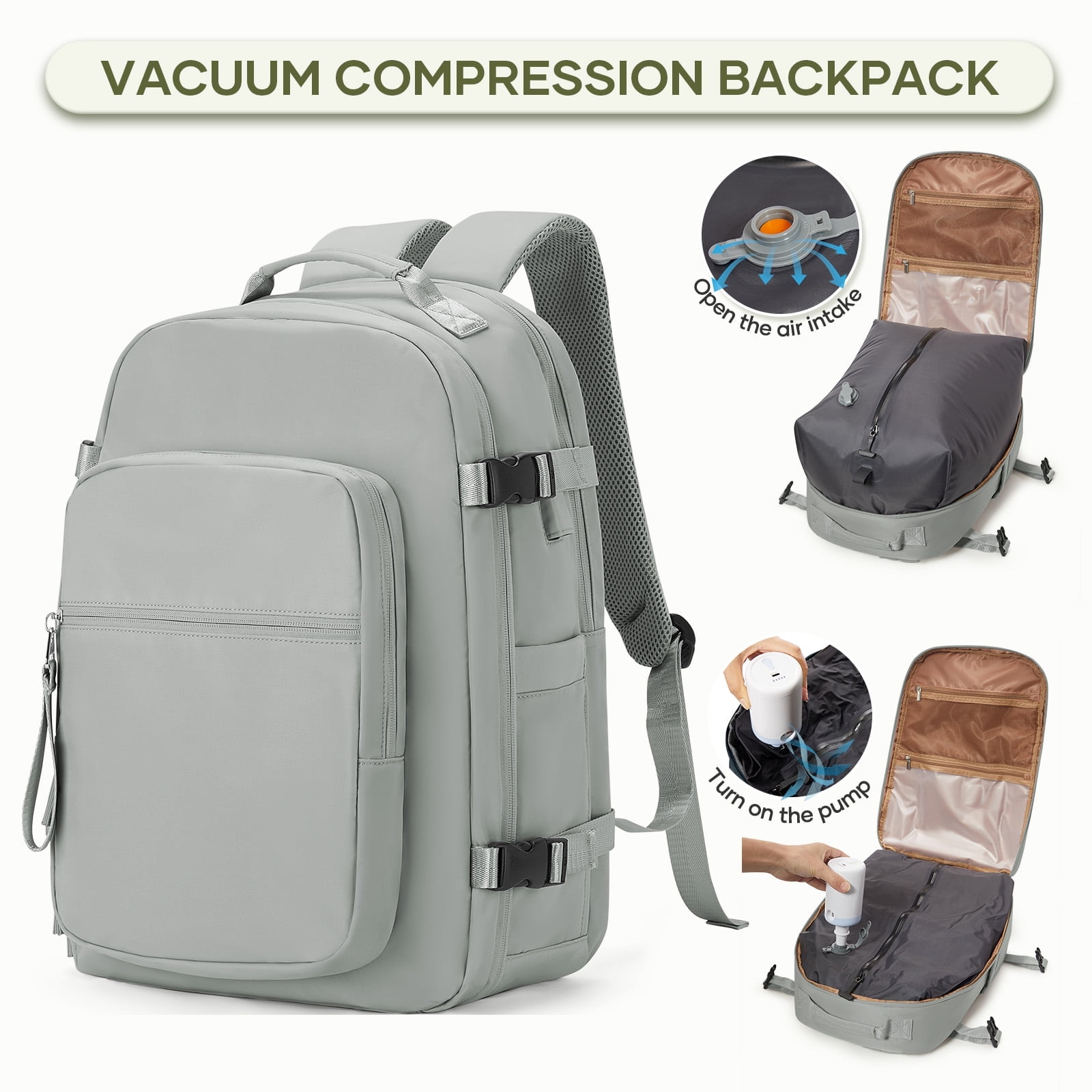Vacuum Seal Backpack for Travel with Vacuum Compression, Air Seal Travel Backpack with Portable Air Pump Carry on Luggage Airline Approved for Women Men Large Vac Pack Airback Laptop Backpack Green