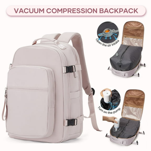 Vacuum Seal Backpack for Travel with Vacuum Compression, Air Seal Travel Backpack with Portable Air Pump Carry on Luggage Airline Approved for Women Men Large Vac Pack Airback Laptop Backpack Pink