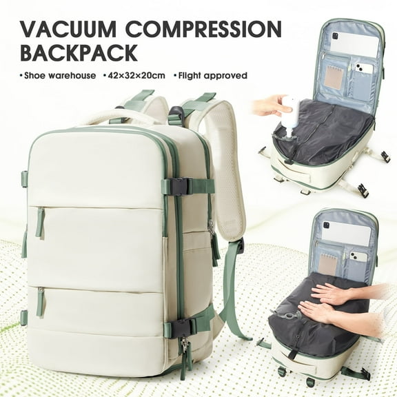 Vacuum Backpack for Travel, Vacuum Seal Carry on Backpack with Vacuum Compression, Vacuum Travel Backpack with Pump for Women Men Airline Approved Air Backpack Vacpack for Work College Daypack Beige