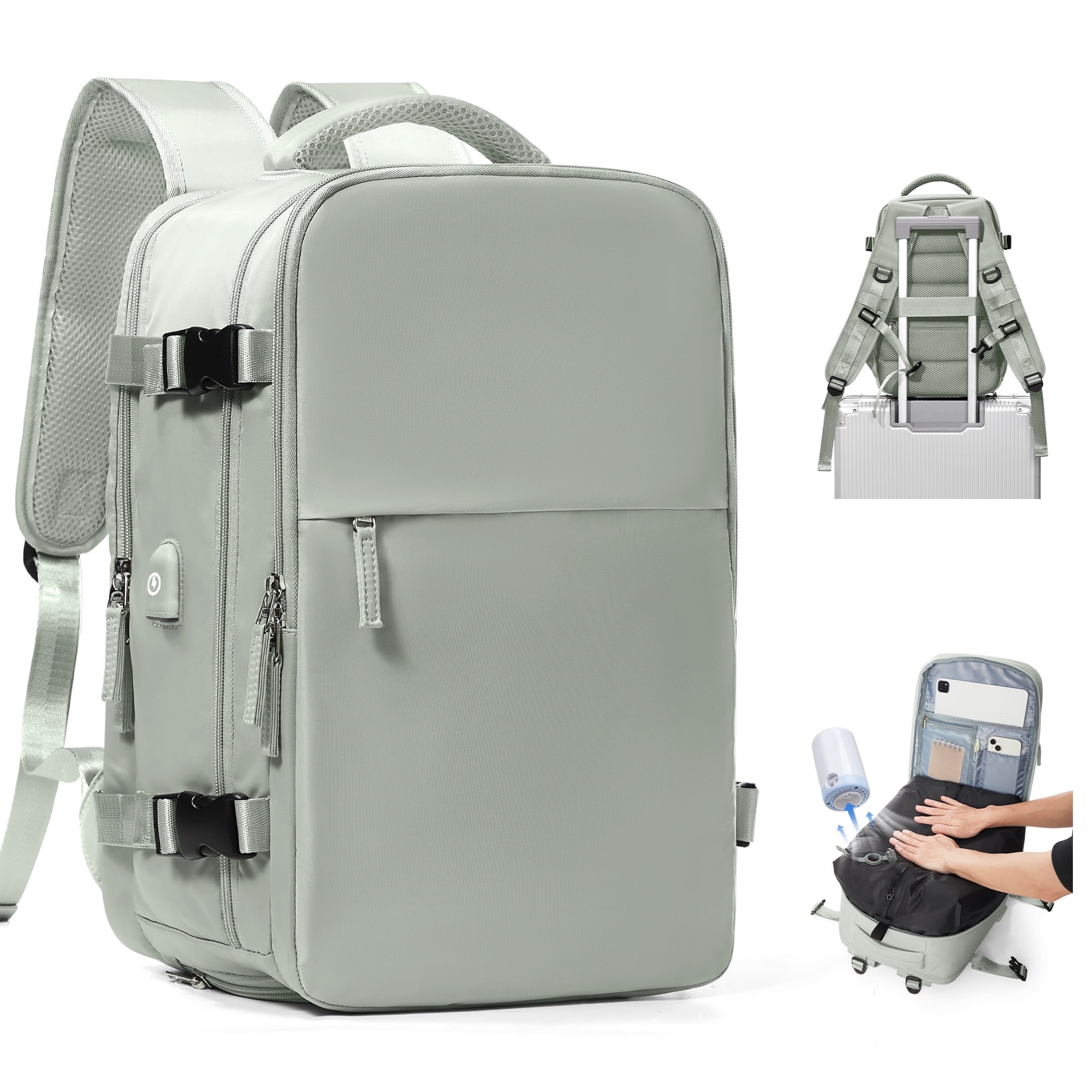 Travel Airback Backpack with Vacuum Compression, Waterproof Travel Backpacks with Air Pump, Large 18×14×8 inch Personal Item Bag United Airlines Approved, Vacuum Seal Backpack Gray Green