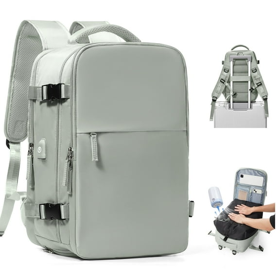 Travel Airback Backpack with Vacuum Compression, Waterproof Travel Backpacks with Air Pump, Large 18×14×8 inch Personal Item Bag United Airlines Approved, Vacuum Seal Backpack Gray Green