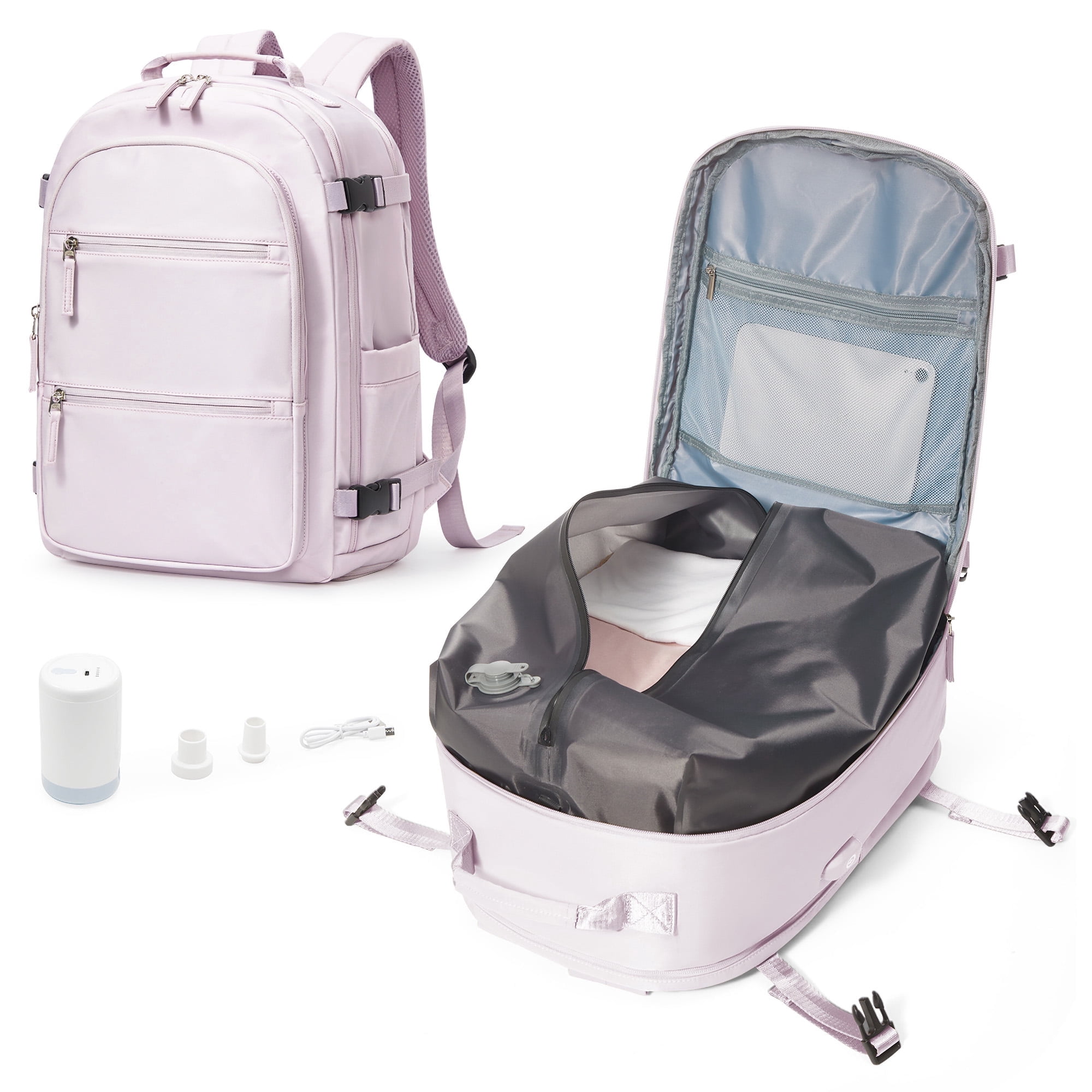 Large Vacuum Seal Backpack with Compression, Waterproof Backpack with Air Pump, Personal Item Bag United Airlines Approved, Backpack Airbag Mochila Bolso de Compresion, Pink Purple