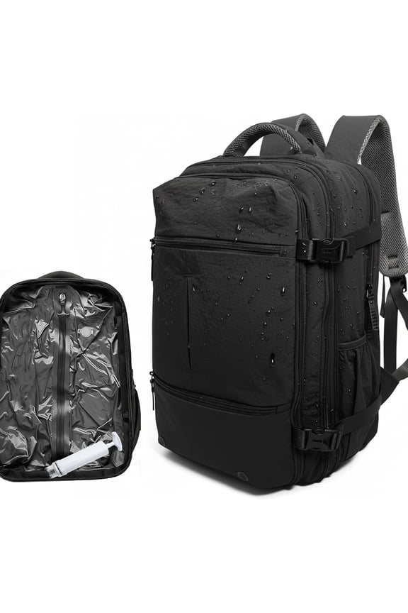 Vacuum Compression Backpack, Carry- Size Travel Backpack with Vacuum System and Pump, Expands to 55L Packing Capacity, Fits 17" Laptop & 6-7 Days of Clothes, Water-Resistant Compression Backpack