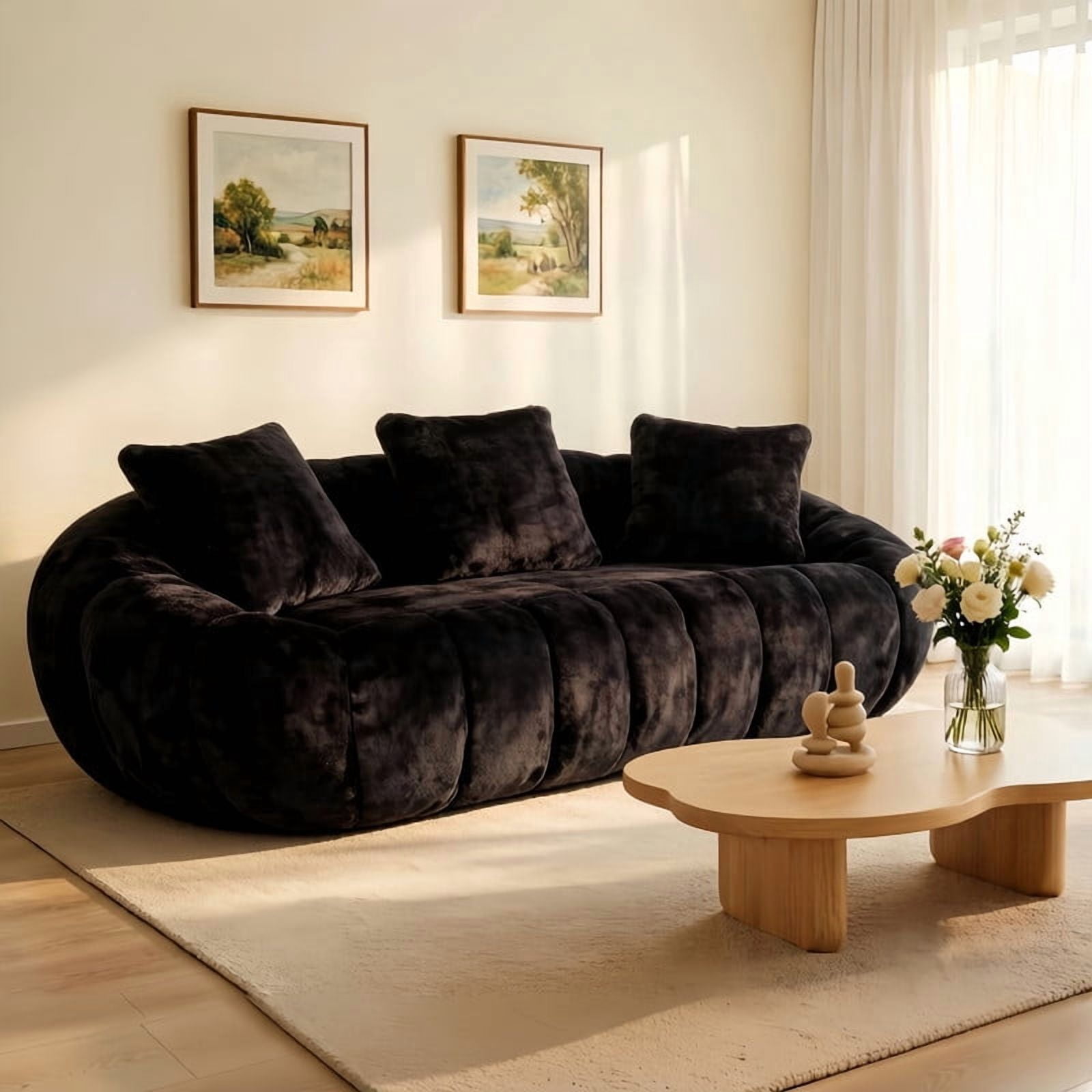 Vacuum Compression Oversized Loveseat with 3 Throw Pillows, Velvet Upholstered Sofa, No Assembly Boneless Floor Couch