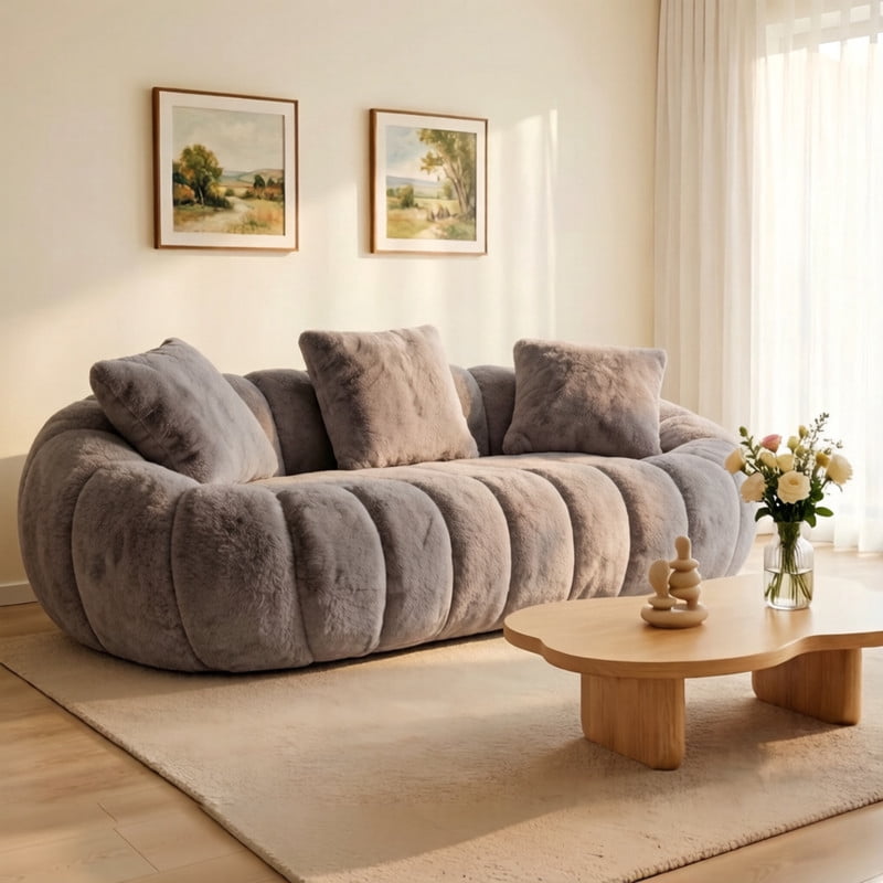 Vacuum Compression Oversized Loveseat with 3 Throw Pillows, Velvet Upholstered Sofa, No Assembly Boneless Floor Couch