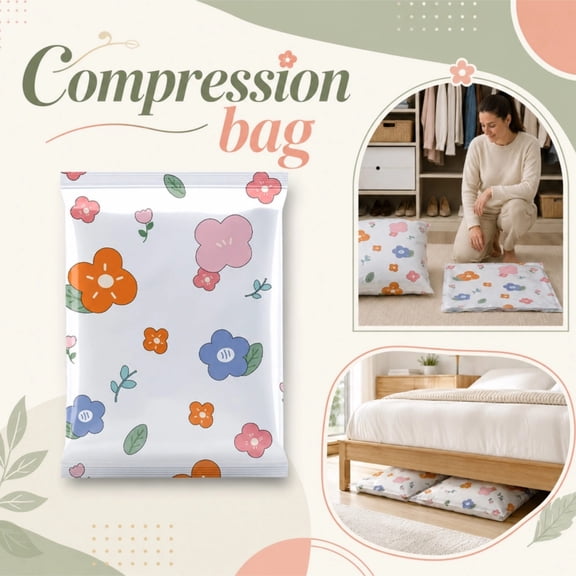 Vacuum Compression Storage Bags with Floral Cloud Print, Space Saver, Reusable, Dust & Moisture Resistant for Seasonal Clothing, Bedding, Travel & Small Spaces