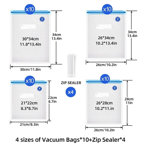 Vacuum Food Storage Bags | Reusable Vacuum Sealer Bags PA+PE | BPA-Free Double Zipper Air-Tight | Includes 40 Clear Bags | Multiple Sizes | Keeps Food Fresh Longer