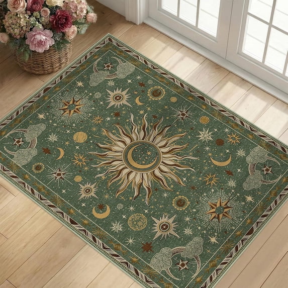 Vacuum-Friendly, 2x3 Washable Area Rug, Green Brown | Sun and Moon Boho ...
