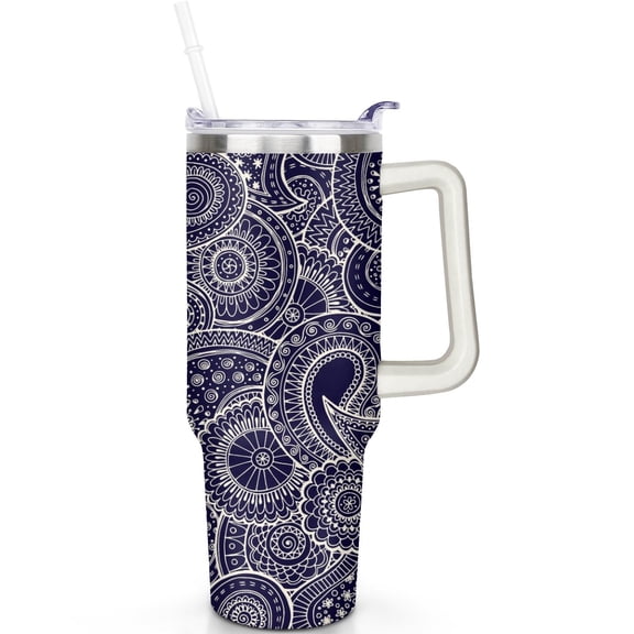 Vacuum Insulated 40oz Paisley Stainless Steel Tumbler with Handle, Leak Proof Flip Straw Lid Travel Mug Gift for Him Her