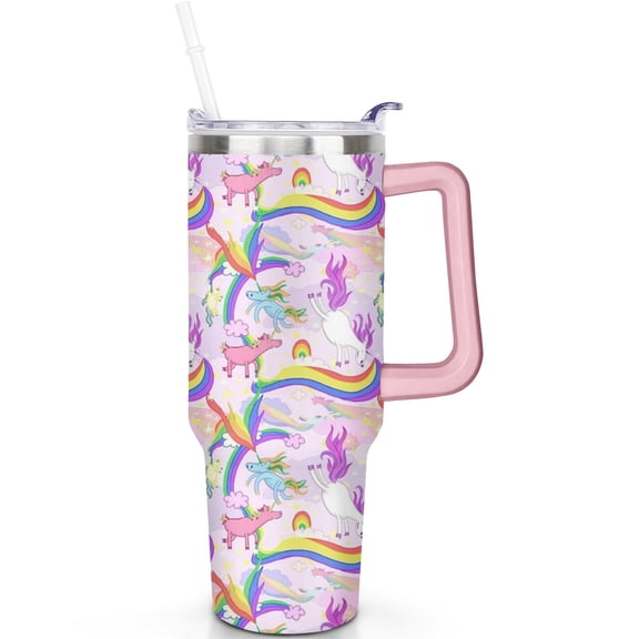 Vacuum Insulated 40oz Unicorn Travel Must Haves Tumblers with Lids Straws Unicorn Tumbler with Handle Flip Straw Lid Leak Proof Stainless Steel Travel Cup