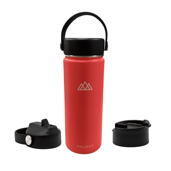 Vacuum Insulated Bottle with 3 Lids - Stainless Steel Thermally Insulated Flask - 18 OZ - Pink- by Polerce