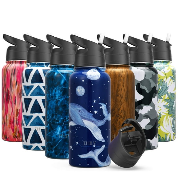 Vacuum Insulated Sports Water Bottle - THILY 32 oz Stainless Steel Leakproof Wide Mouth Water Flask with Flip Lid and Straw Lid, Reusable, BPA Free, Keep Hot 12 Hours Cold 36 Hours, Fantasy Whale