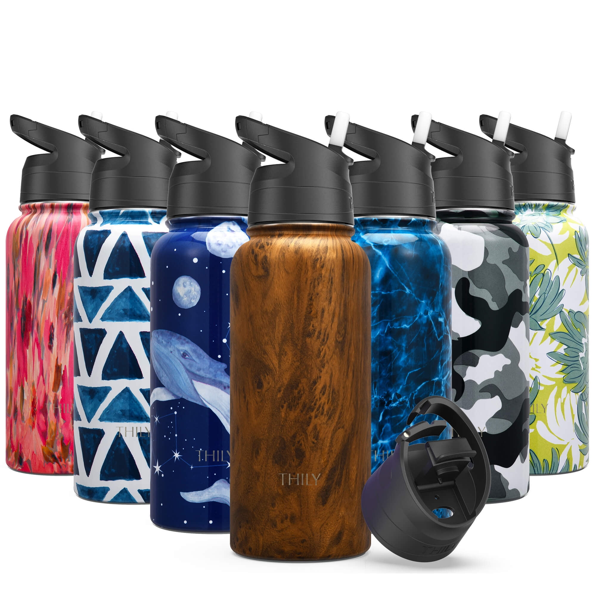 Vacuum Insulated Sports Water Bottle - THILY 32 oz Stainless Steel Leakproof Wide Water Flask with Flip & Straw Lid, Reusable, BPA Free, for Gym, Travel, Hiking, Original Woodgrain