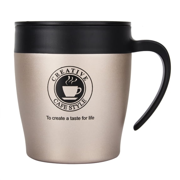 Vacuum Insulated Stainless Steel Coffee Mug with Stirring Spoon and Push Lid Metallic Travel Water Cup for Office Commuting Home Use 11.2 oz / 330 ml
