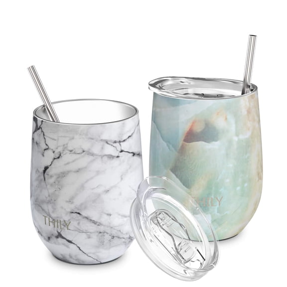 Vacuum Insulated Stemless Wine Tumbler - THILY 12 oz Stainless Steel Wine Glass with Lid and Straw, Keep Cold or Hot for Coffee, Cocktails, Christmas Birthday Gift, 2 Pack(White Marble + Opal Marble)