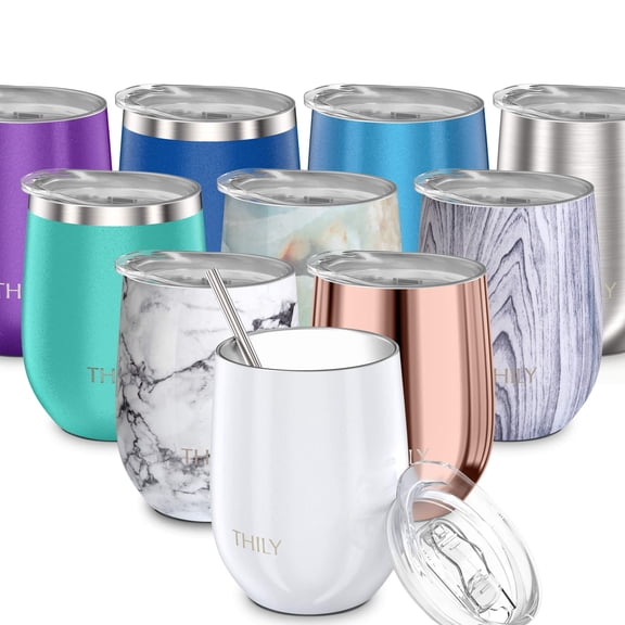 Vacuum Insulated Stemless Wine Tumbler - THILY Stainless Steel Travel Wine Glass Cup for Wine, Coffee, Cocktails, with Lid, Reusable Straw, 12 oz, Pearl White