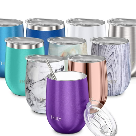 Vacuum Insulated Stemless Wine Tumbler - THILY Triple-Insulated Stainless Steel Wine Glass with Lid, Reusable Straw, 12 oz, Wine, Coffee, Cocktails, Her, Girls, Purple