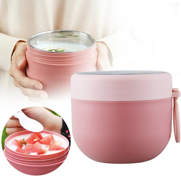 Vacuum Insulated Thermo Food Jar With Spoon Plastic Insulated Food Container Insulated Thermal Food Soup Cup Leakproof Lunch Container Picnic Outdoor Hot And Cold Food (600ml)(Pink,3.66x4.33")