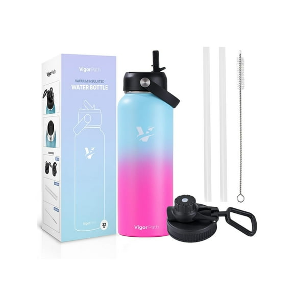 Vacuum Insulated Water Bottle - Stainless Steel Water Bottle with Straw Lid and Flex Cap (Keeps Cold for 24Hours, Hot for 18Hours) Double Wall, Wide Mouth, BPA Free, Leak Proof (Gradient Pink, 32oz)…