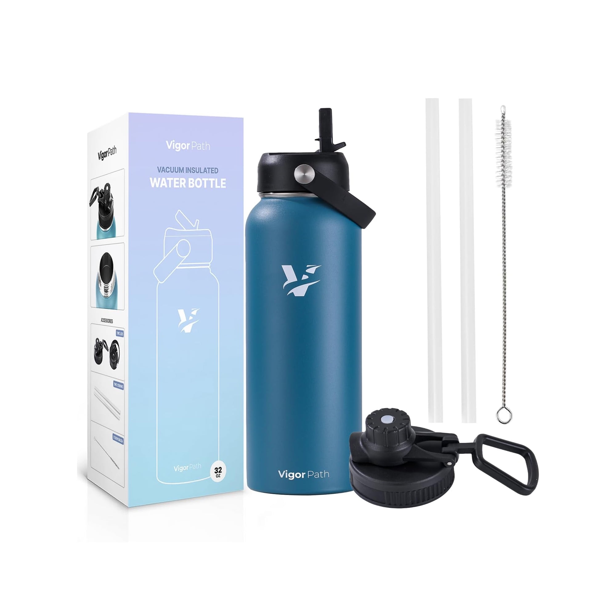 Vacuum Insulated Water Bottle - Stainless Steel Water Bottle with Straw Lid  and Flex Cap (Keeps Cold for 24Hours, Hot for 18Hours) Double Wall, Wide  Mouth, BPA Free, Leak Proof (Dark Blue,