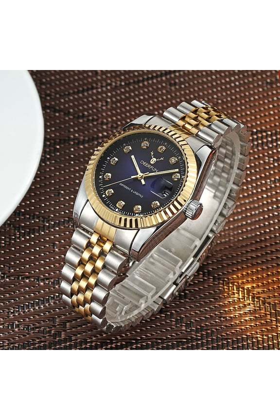 Vacuum Plated Business Quartz Watch with Classic European-American Stainless Steel Strap, Luxury Gold Shell Dial Inlaid with Diamonds