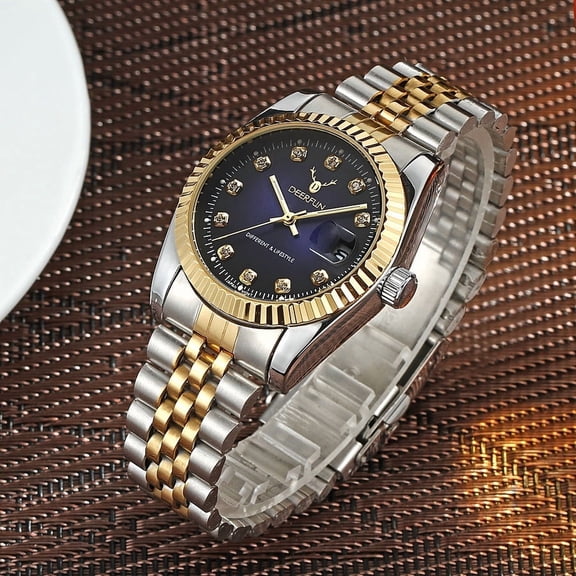Vacuum Plated Business Quartz Watch with Classic European-American Stainless Steel Strap, Luxury Gold Shell Dial Inlaid with Diamonds