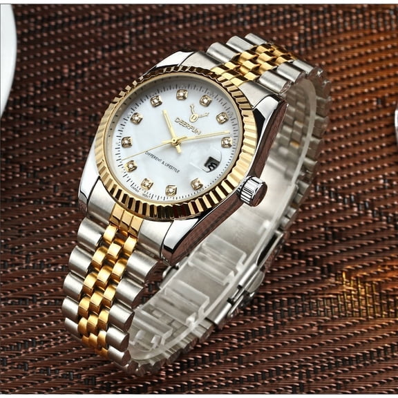Vacuum Plated Business Quartz Watch with Classic European-American Stainless Steel Strap, Luxury Gold Shell Dial Inlaid with Diamonds