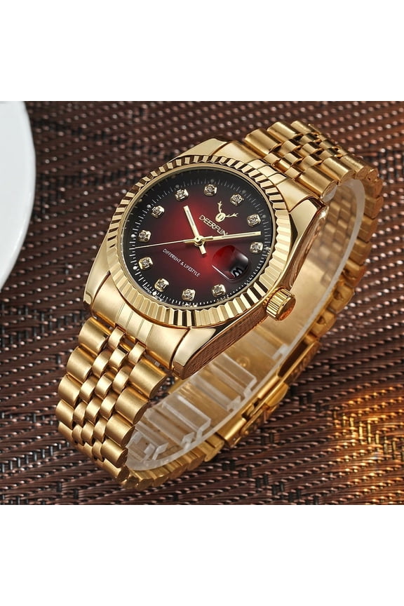 Vacuum Plated Business Quartz Watch with Classic European-American Stainless Steel Strap, Luxury Gold Shell Dial Inlaid with Diamonds