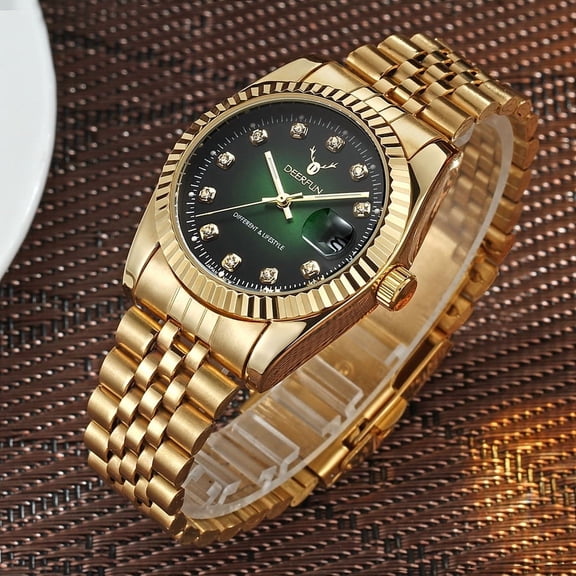 Vacuum Plated Business Quartz Watch with Classic European-American Stainless Steel Strap, Luxury Gold Shell Dial Inlaid with Diamonds