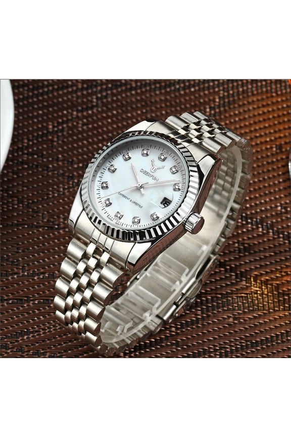 Vacuum Plated Business Quartz Watch with Classic European-American Stainless Steel Strap, Luxury Gold Shell Dial Inlaid with Diamonds