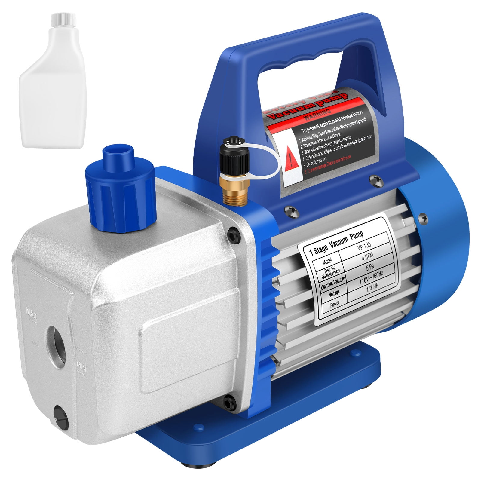 Vacuum Pump, 110V/60Hz 1/3HP 4 CFM Single Stage Vacuum Pump with Oil Bottle, Auto AC Vacuum Pump for R12 R22 R134a R410a R502 Automotive Air Conditioner Servicing Resin Degassing