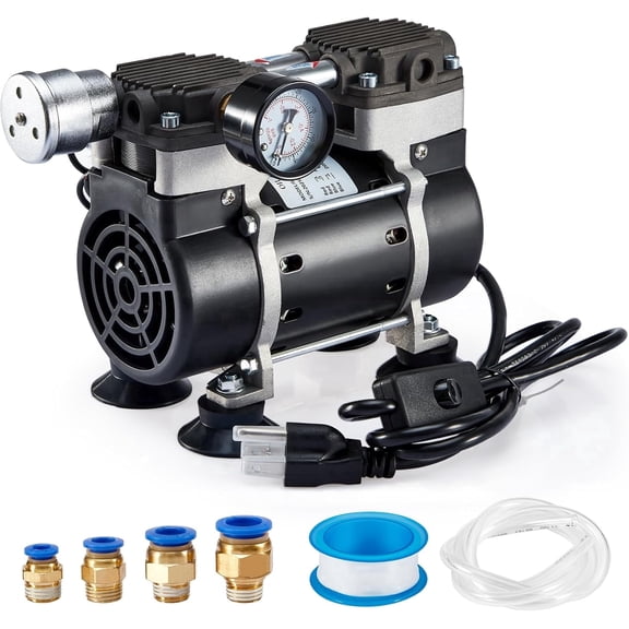 FOUR E's Scientific Vacuum Pump 50L/Min with Switch, Oilless Lab Pump with Vacuum Meter, Aluminum Silencer and 4 Connectors, for Laboratory, Electronics, Industry