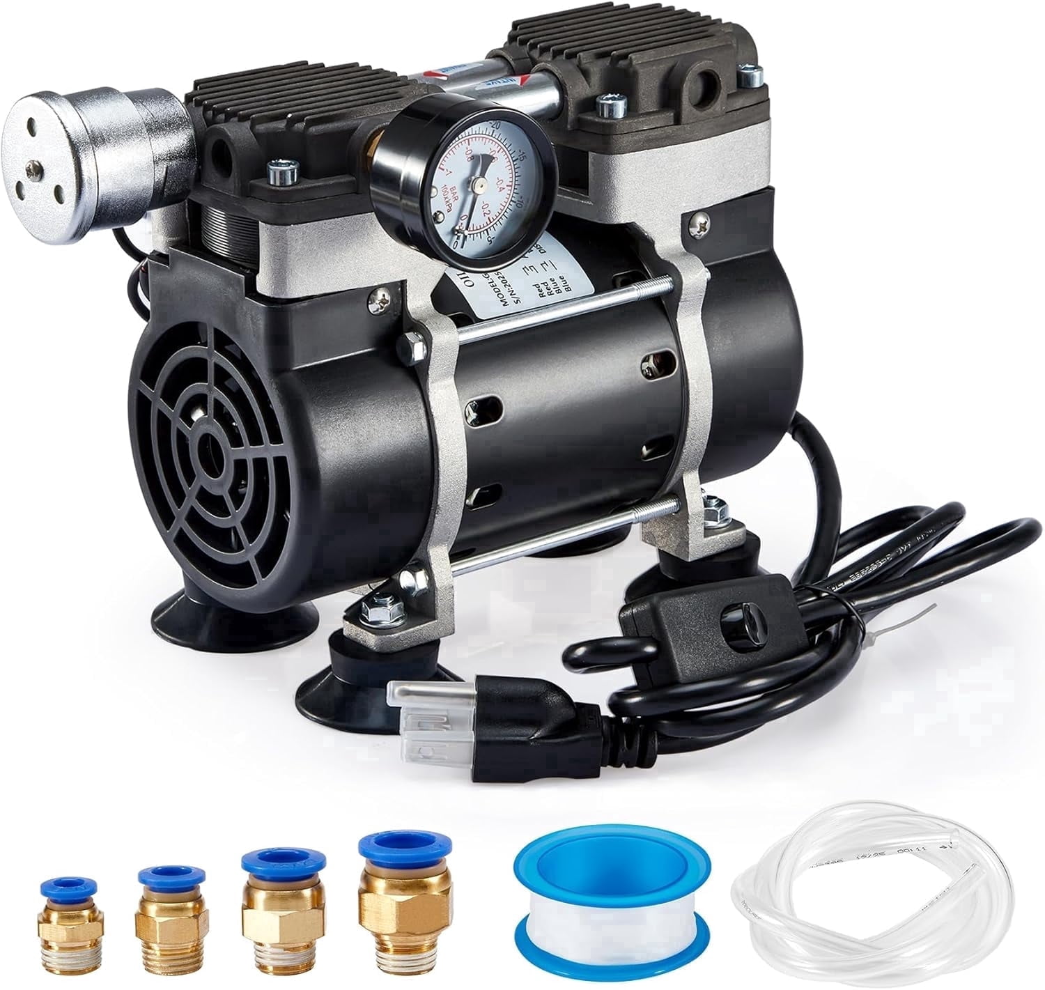 FOUR E's Scientific Vacuum Pump 50L/Min with Switch, Oilless Lab Pump with Vacuum Meter, Aluminum Silencer and 4 Connectors, for Laboratory, Electronics, Industry
