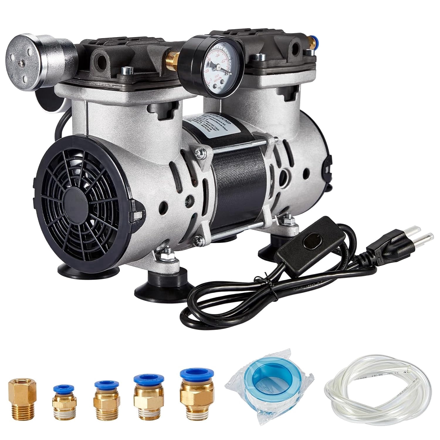 FOUR E's Scientific Vacuum Pump 85L/Min with Switch, Oilless Lab Pump with Vacuum Meter, Aluminum Silencer and 4 Connectors, for Laboratory, Electronics, Industry