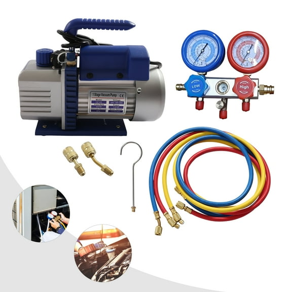 Vacuum Pump and Manifold Gauge Set for Auto AC Repair, Complete Kit with Dent Removal Rod, Hammer, and 9 Replaceable Heads for Efficient Repair