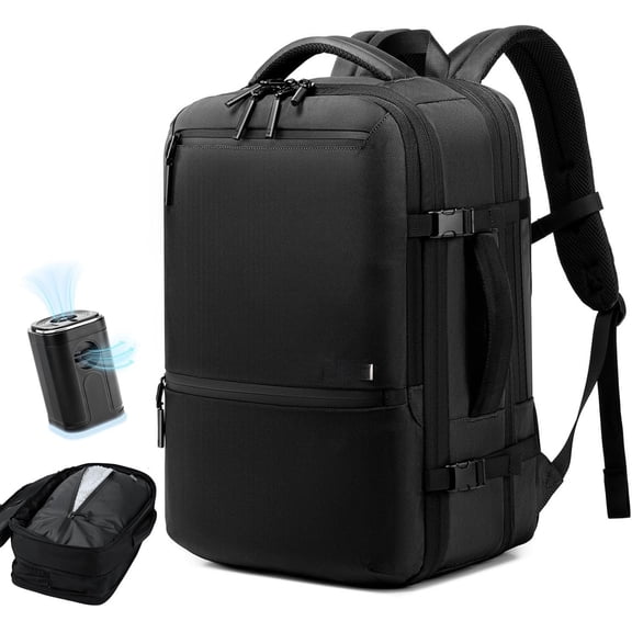 Vacuum Seal Backpack 60L with Pump, Expandable Backpack with Vacuum Compression fits 17 inch Laptop, Water Resistant Carry Suitcase Luggage suit for Short Trip and Business-Black