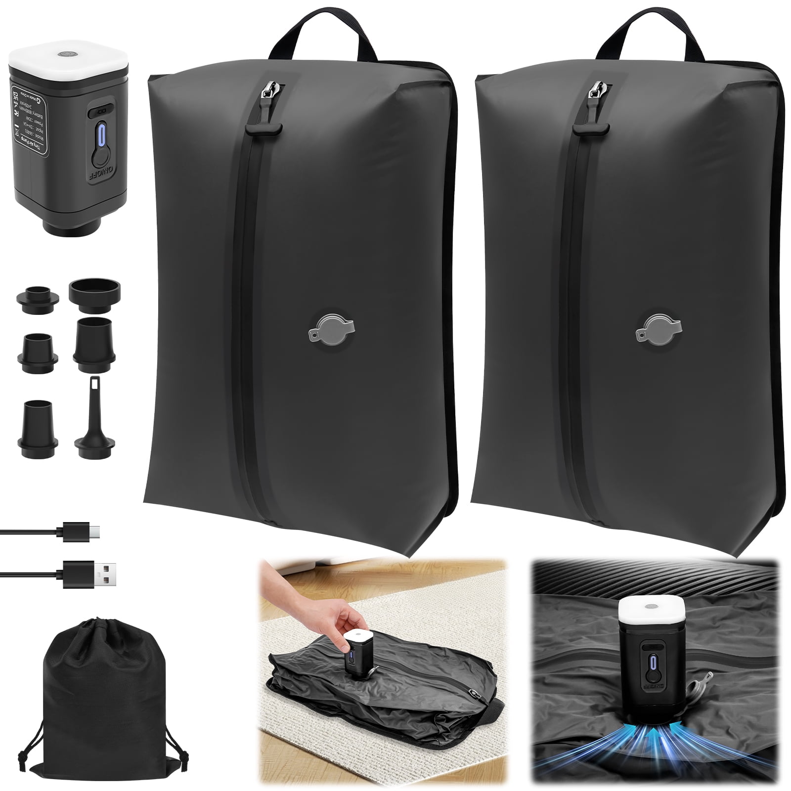 Vacuum Seal Bag for Traveling with Rechargeable Pump 17L Compression Packing Cube for Carry On Suitcase and Backpack Reusable IP67 Waterproof Vacuum Storage Bag 2 Pack