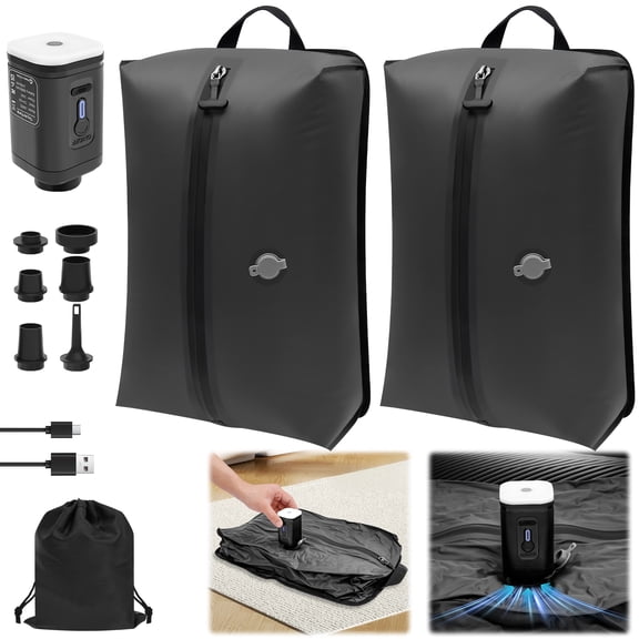 Vacuum Seal Bag for Traveling with Rechargeable Pump 17L Compression Packing Cube for Carry On Suitcase and Backpack Reusable IP67 Waterproof Vacuum Storage Bag 2 Pack