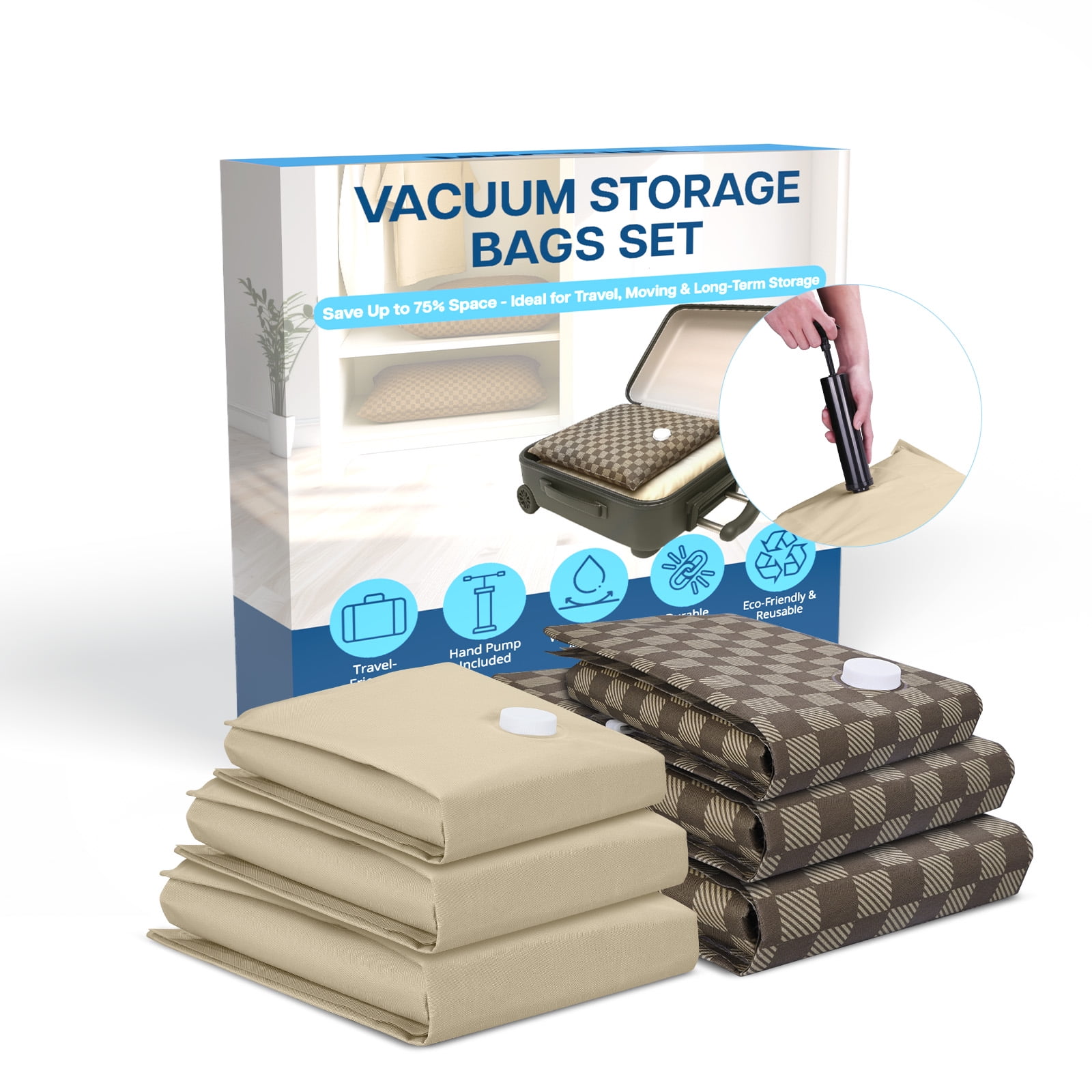 Vacuum Seal Storage Bags for Clothing & Travel (6 Pack S/M/L) – Reusable Space Saver Compression Bags for Moving & Long-Term Storage – Includes Hand Pump – Brown/Beige by MMOBIEL
