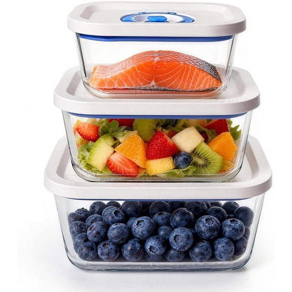 Vacuum Seal Borosilicate Glass Containers for Storage, 3 Sizes (S M L) Compatible with Desktop and Handheld Vacuum Sealer Machines, Airtight Lid Set