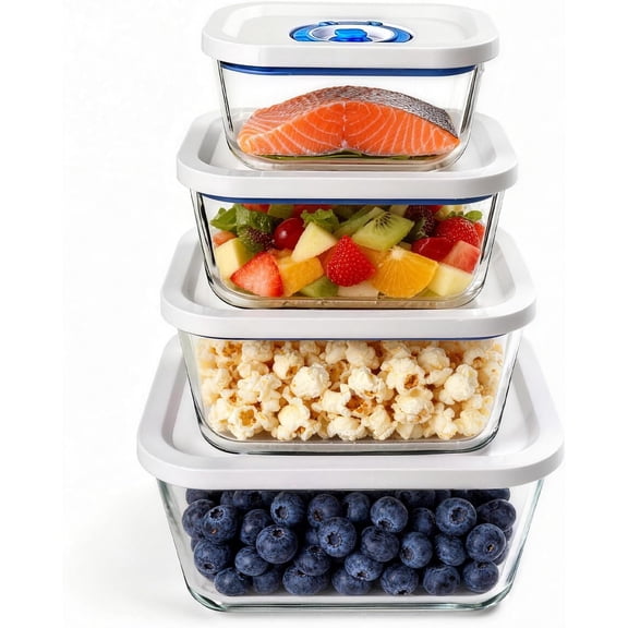 Vacuum Seal Glass Containers for Food Storage, 4 Sizes (S M L XL) Compatible with Desktop and Handheld Vacuum Sealer Machines, Airtight Lid Set
