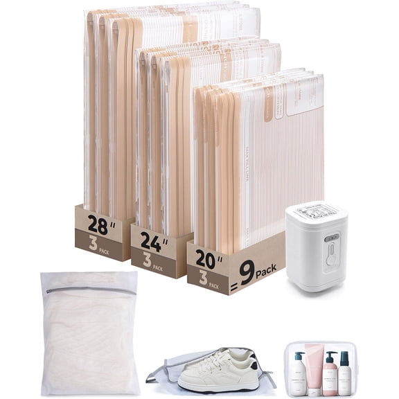Vacuum Seal Storage Bags for Clothing Travel, 12 Pack Travel Essentials Bundle includes Laundry Bag & Waterproof Shoe Bag & TSA Approved Toiletry Bag, Hand Pump Included