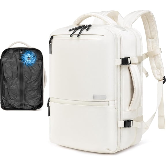 Vacuum Seal Travel Backpack 60L Built-in Pump, Expandable Backpack with Vacuum Compression Fits 17 inch Laptop, Water Resistant Carry Suitcase Luggage for Short Trip and Business-Beige